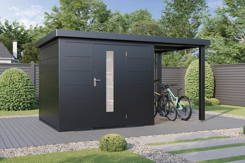 Metall-Gartenhaus / Gerätehaus Thorin 3824 Anthrazit mit Terrasse
