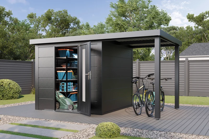 Metall-Gartenhaus / Gerätehaus Thorin 3824 Anthrazit mit Terrasse