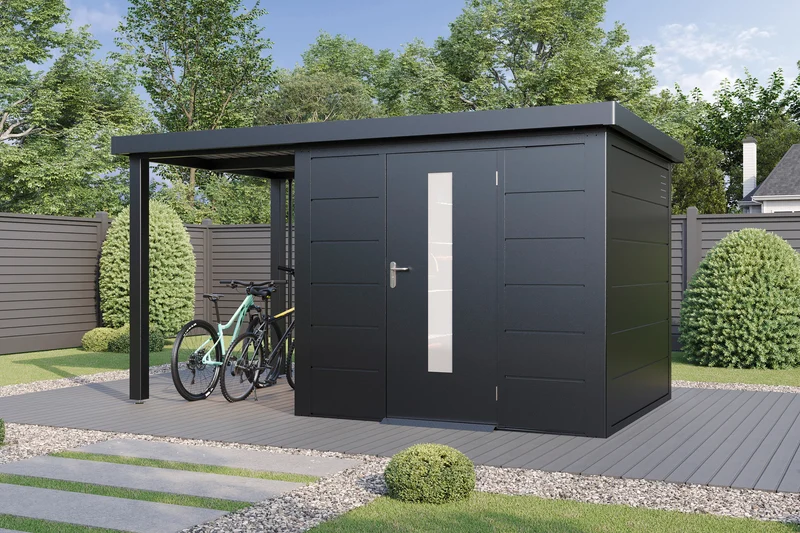 Metall-Gartenhaus / Gerätehaus Thorin 3824 Anthrazit mit Terrasse