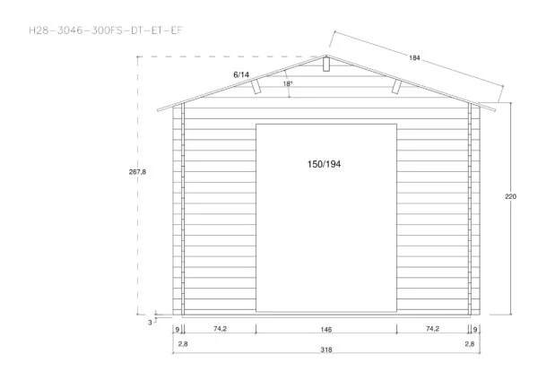 Holz-Gartenhaus H28-3046+300FS-DT-ET-EF