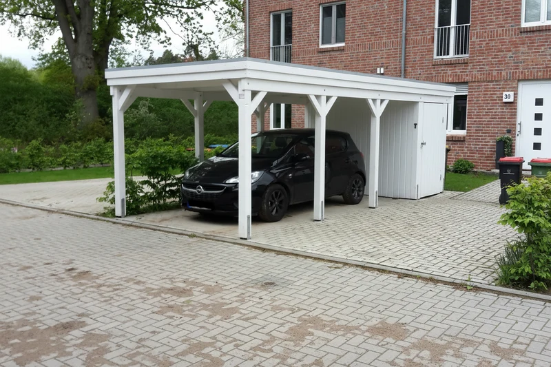 Einzel-Carport CLASSIC Holzblende mit Abstellraum (Verkleidung: Klassisches Duoprofil)