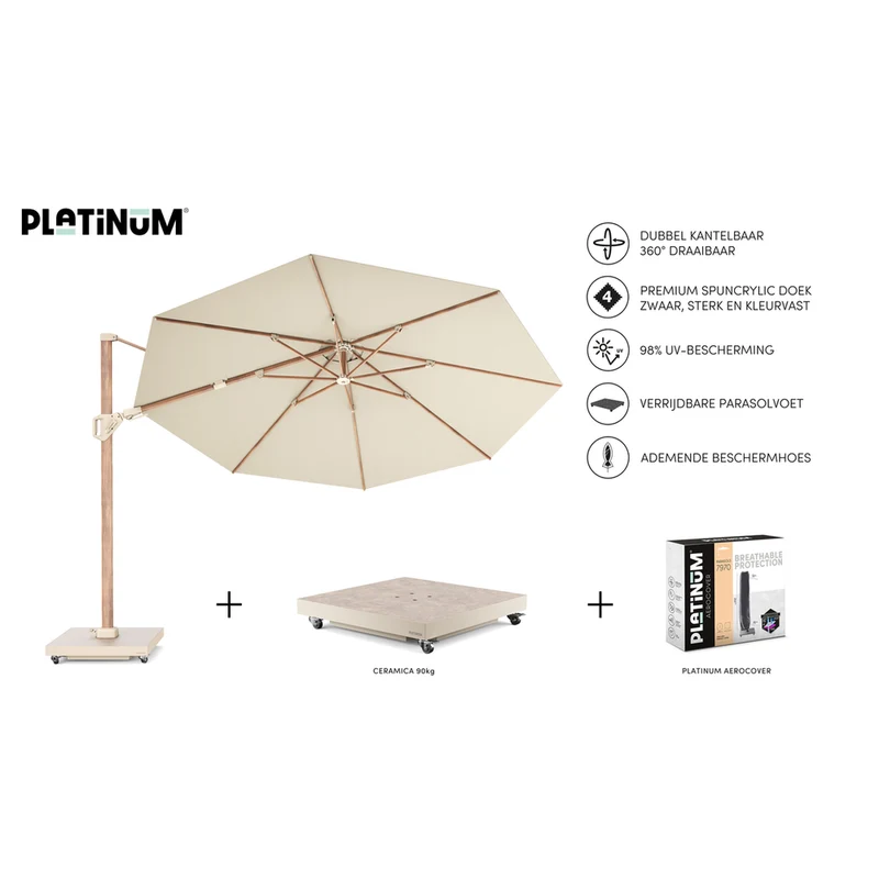 Platinum Sun & Shade zweefparasol Challenger T² premium Teak look ø350 Champagne