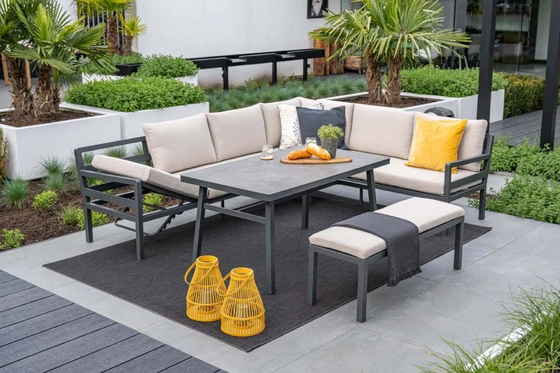 Corsica lounge-diningset - 4-delig - rechts - carbon black - desert sand - grijs slate look glas
