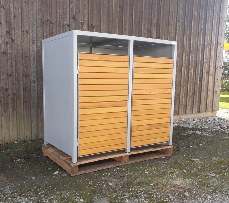PREMIUM Holz 2er Mülltonnenbox mit Holztüren