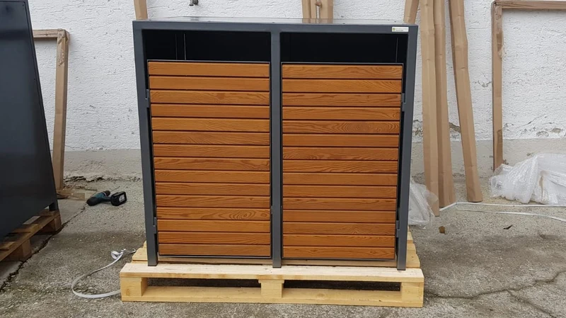 PREMIUM Holz 2er Mülltonnenbox mit Holztüren