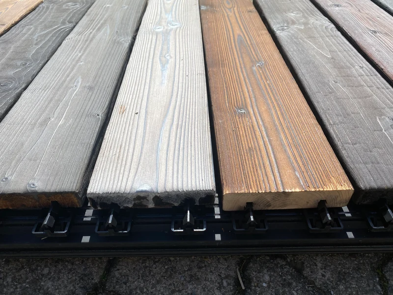 Holzterrasse grau geflammt gebrannt 120 x 28mm