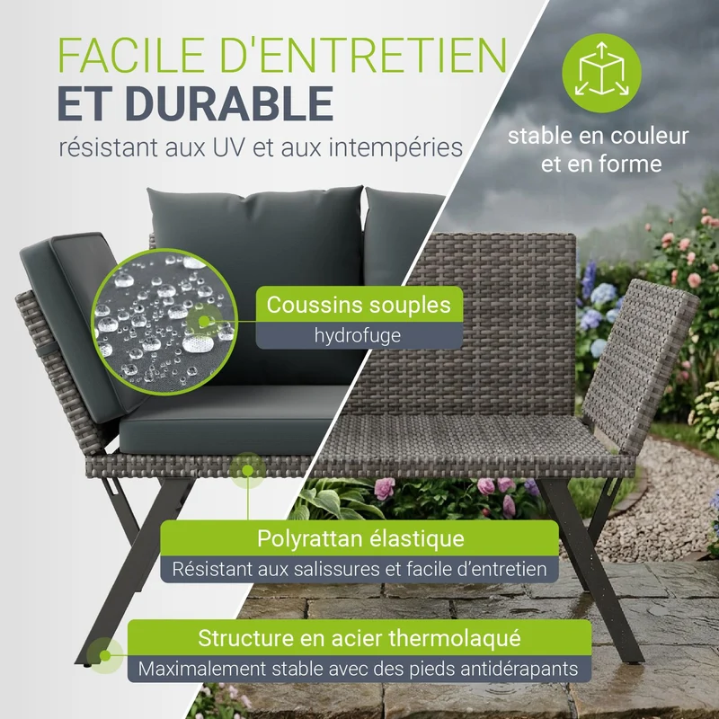 Polyrattan Multifunktionsbank Calvia Schwarz/Grau/Creme