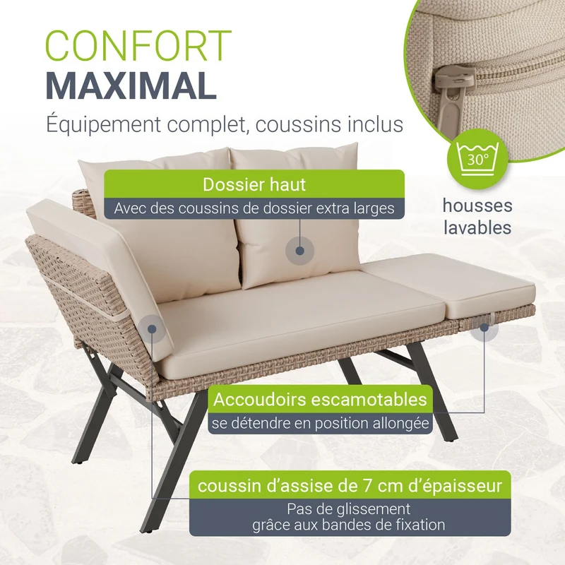 Polyrattan Multifunktionsbank Calvia Schwarz/Grau/Creme