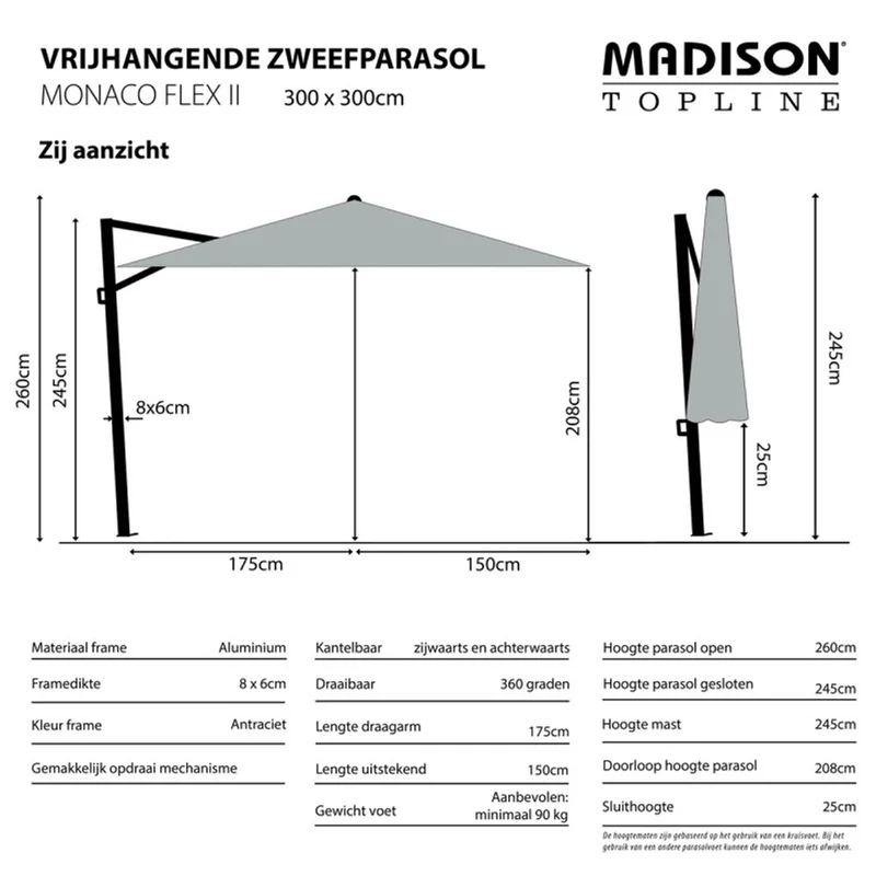 Madison Zweefparasol Monaco flex III 300x300cm PE sage