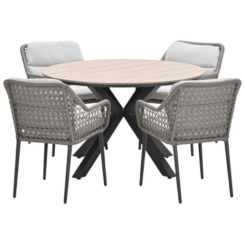 Toledo tuinset 5-delig carbon black rope taupe met Edison tuintafel rond 122 cm light teak vironwood