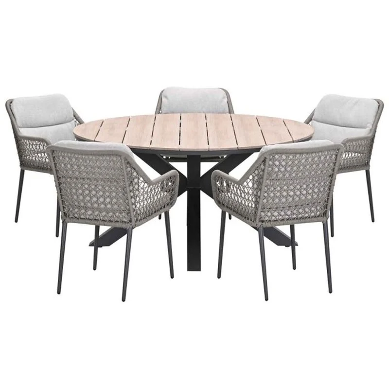 Toledo tuinset 6-delig carbon black rope taupe met Edison tuintafel rond 148 cm light teak vironwood