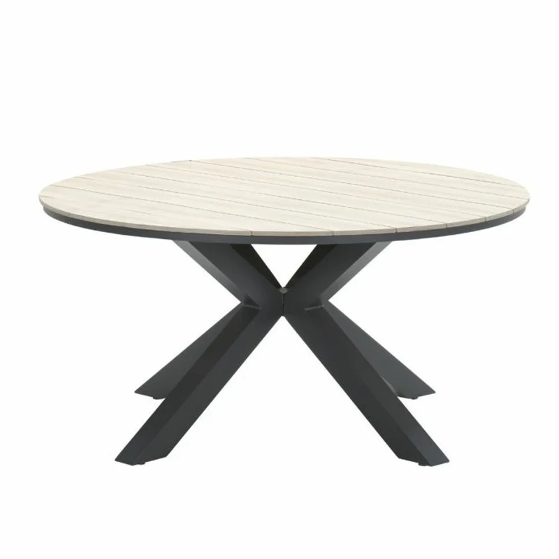 Toledo tuinset 6-delig carbon black rope taupe met Edison tuintafel rond 148 cm light teak vironwood