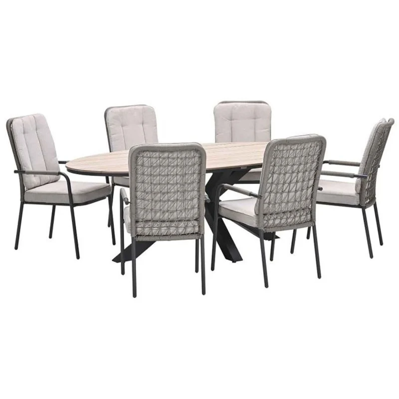 Venice tuinset 7-delig carbon black rope taupe met Edison tuintafel ovaal 220x115 cm light teak vironwood