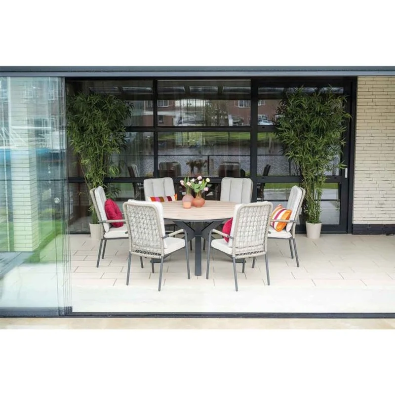 Venice tuinset 6-delig carbon black rope taupe met Edison tuintafel rond 148 cm light teak vironwood