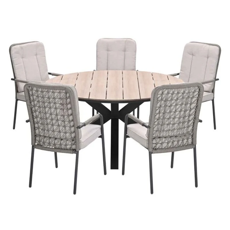 Venice tuinset 6-delig carbon black rope taupe met Edison tuintafel rond 148 cm light teak vironwood