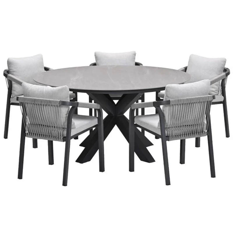 Monti tuinset 6-delig carbon black rope taupe met Lowland tuintafel rond 150 cm napoli sand