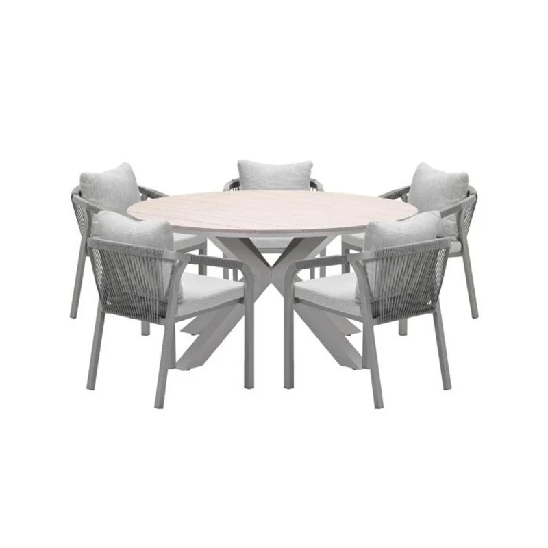 Monti tuinset 6-delig dakar sand met Edison tuintafel rond 148 cm light teak vironwood