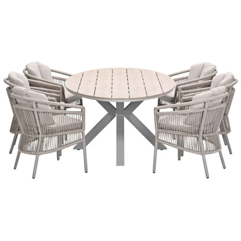Porto tuinset 7-delig taupe met Edison tuintafel ovaal 220x115 cm light teak vironwood