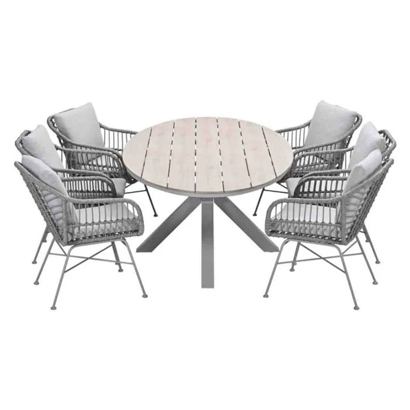 Margriet tuinset 7-delig valley sand met Edison tuintafel ovaal 220x115 cm light teak vironwood