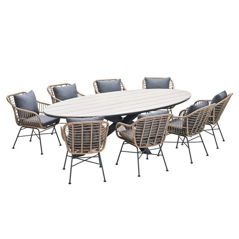 Margriet tuinset 9-delig bruin met Edison tuintafel ovaal 280x140 cm light teak vironwood