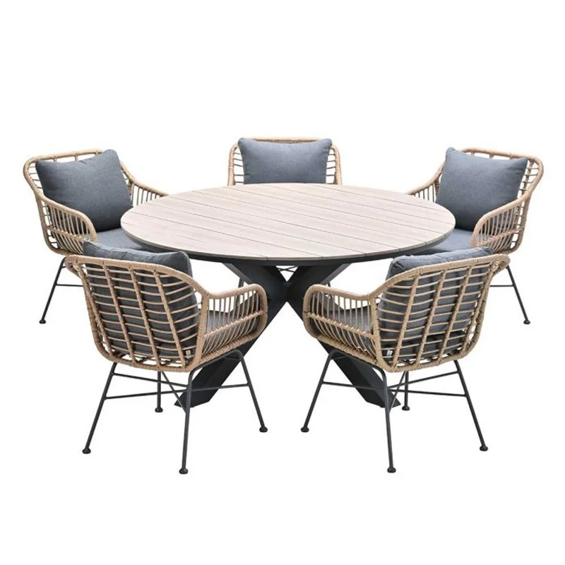 Margriet tuinset 6-delig bruin met Edison tuintafel rond 148 cm light teak vironwood
