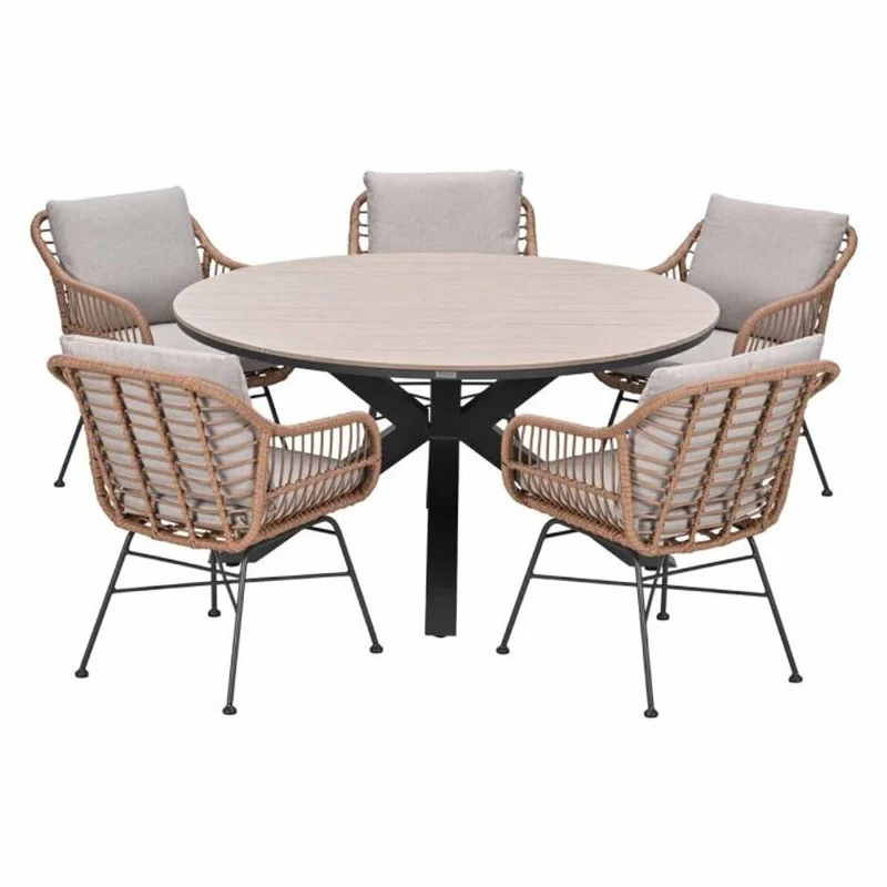 Margriet tuinset 6-delig bruin met Edison tuintafel rond 148 cm light teak vironwood