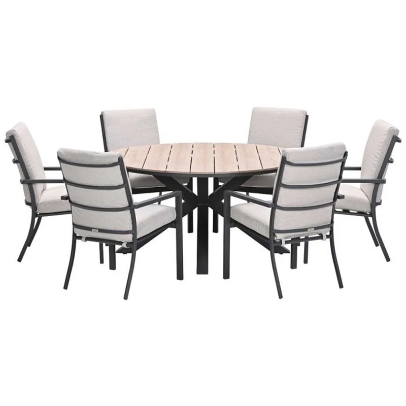 Sergio tuinset 7-delig sandstone met Edison tuintafel rond 148 cm light teak vironwood