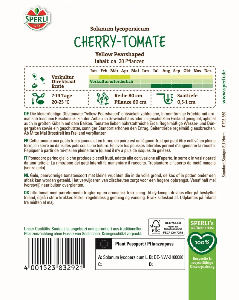SPERLI Cherrytomaten-Samen 'Yellow Pearshaped'