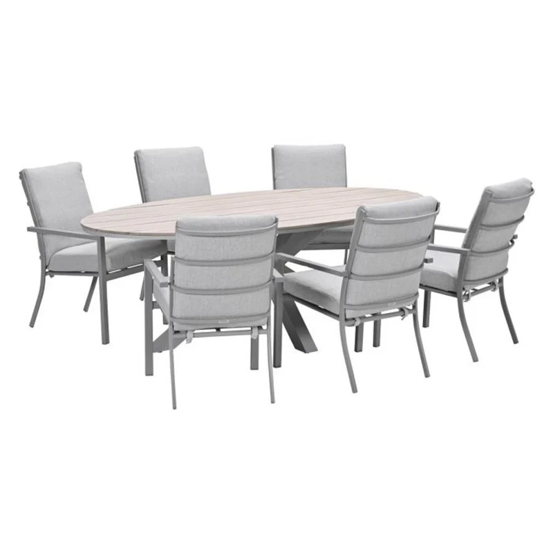 Sergio tuinset 7-delig valley sand met Edison tuintafel ovaal 220x115 cm light teak vironwood