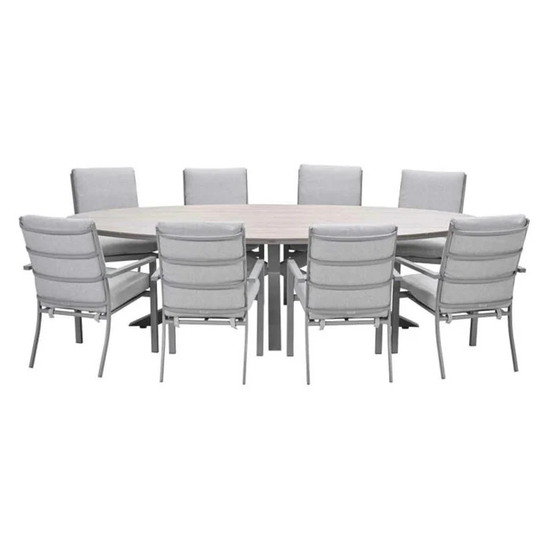 Sergio tuinset 9-delig valley sand met Edison tuintafel ovaal 280x140 cm light teak vironwood