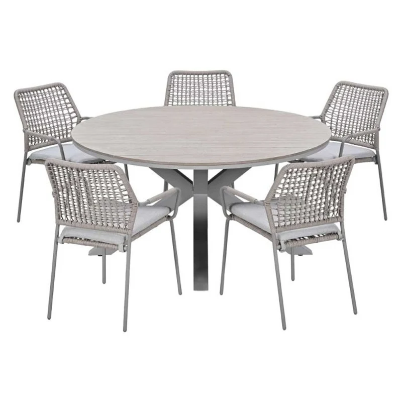 Solara tuinset 6-delig sand met Edison tuintafel rond 148 cm light teak vironwood