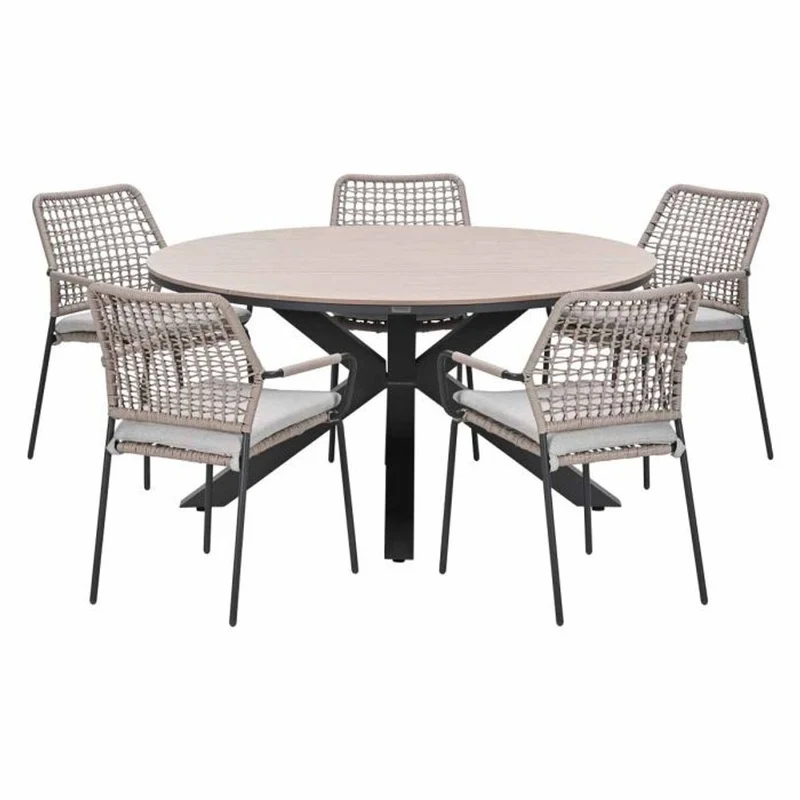 Solara tuinset 6-delig sand met Edison tuintafel rond 148 cm light teak vironwood