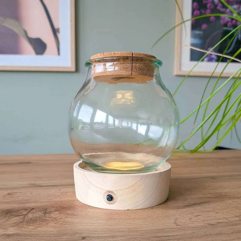 Vase mit beleuchtetem Holzständer