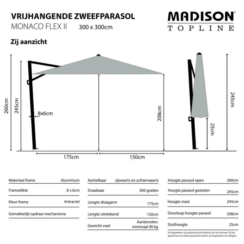 Madison Zweefparasol Monaco flex III 300x300cm ECRU