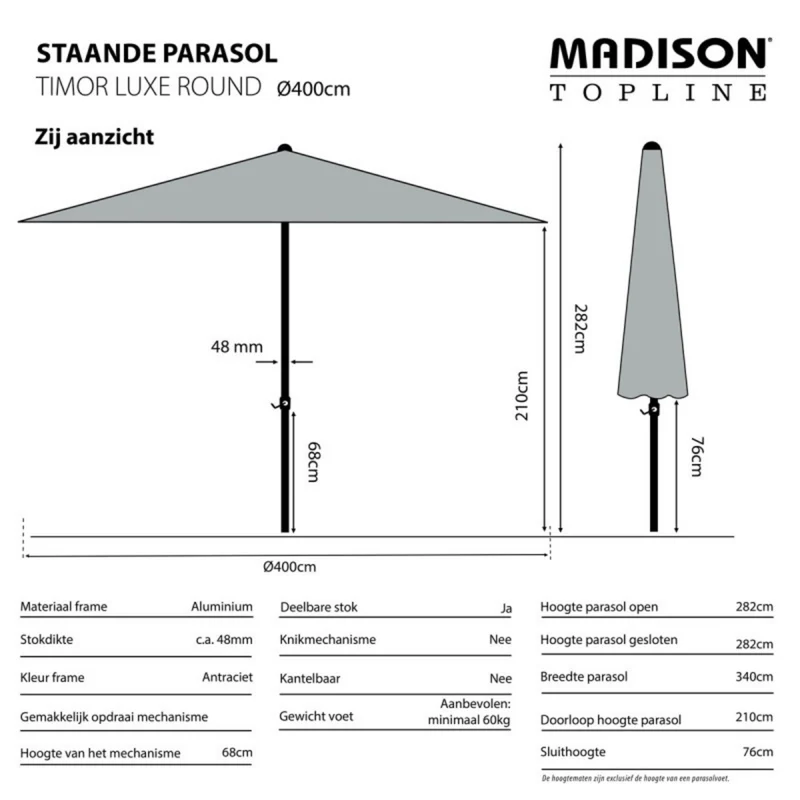 Madison Parasol Timor luxe 400cm grijs