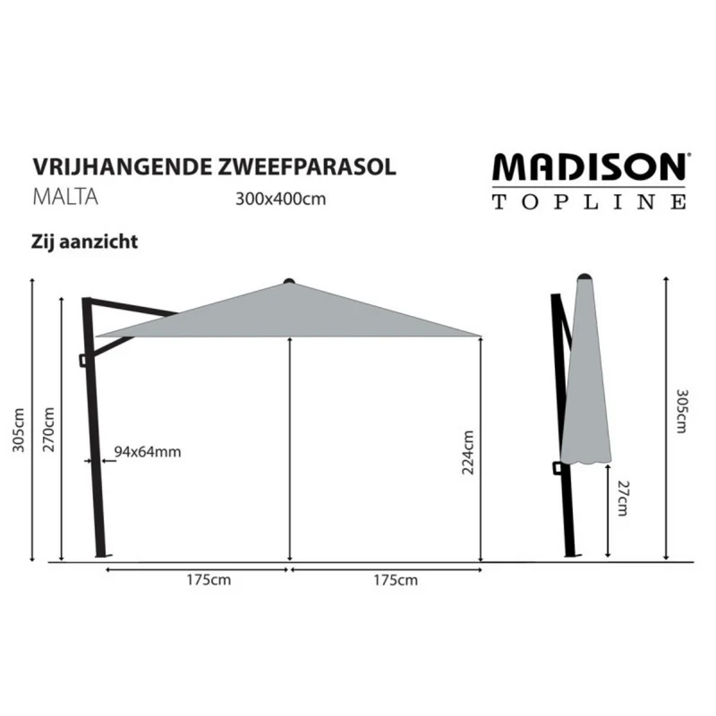 Madison zweefparasol Malta 300x400cm vierkant grijs