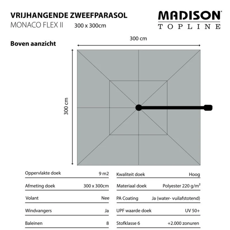 Madison Zweefparasol Monaco flex III 300x300cm grey