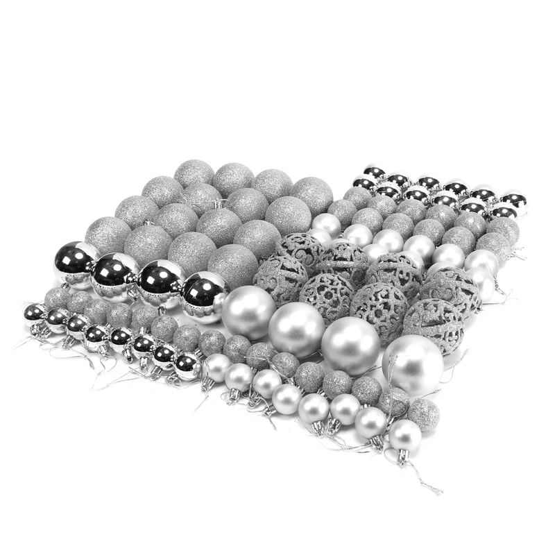 Kerstballen set Zilver - 100 Kerstballen met verschillende afwerkingen
