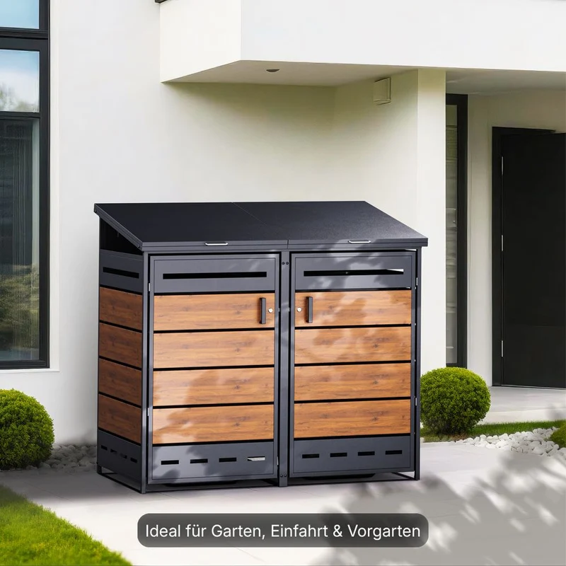 Mülltonnenbox Verkleidung 2er Anthrazit / Holzoptik V2