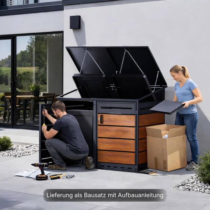 Mülltonnenbox Verkleidung 2er Anthrazit / Holzoptik V2