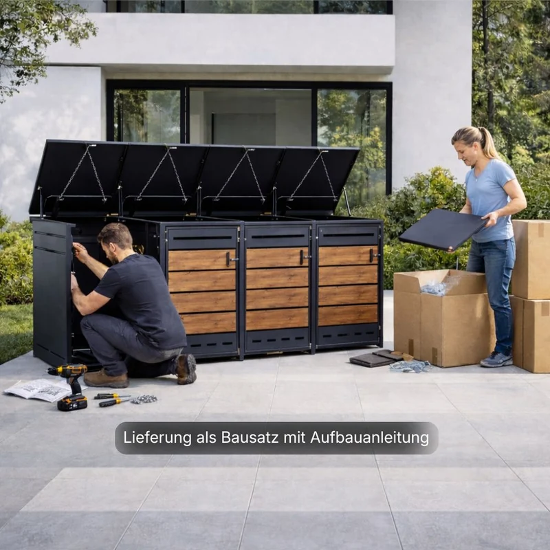 Mülltonnenbox Verkleidung 4er Anthrazit / Holzoptik V2