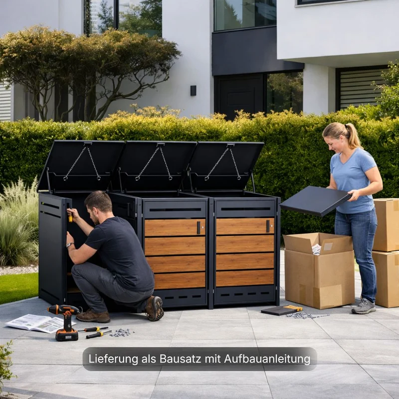 Mülltonnenbox Verkleidung 3er Anthrazit / Holzoptik V2