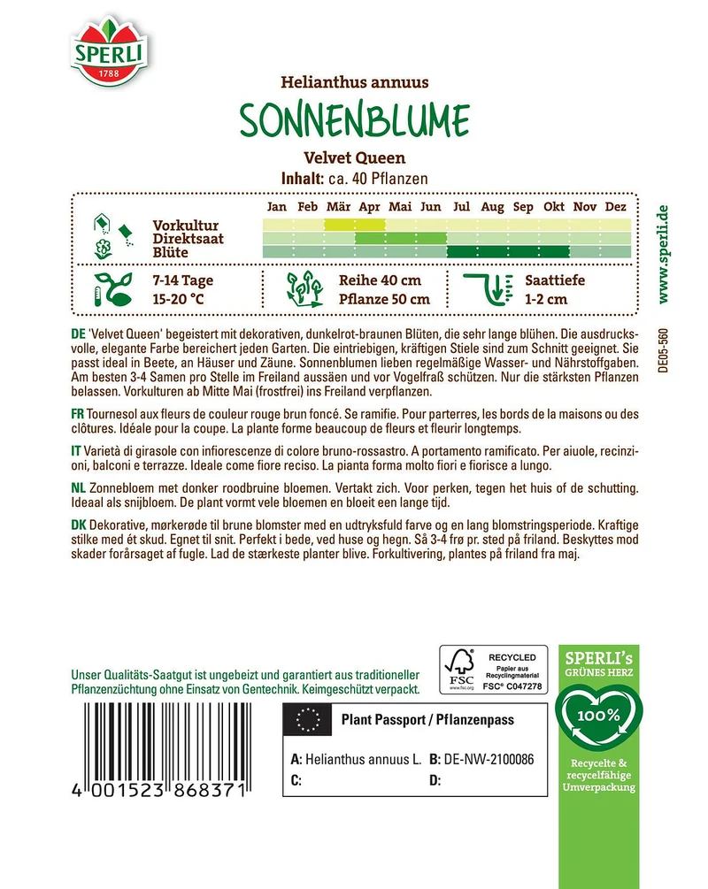 SPERLI Sonnenblumen-Samen 'Velvet Queen'
