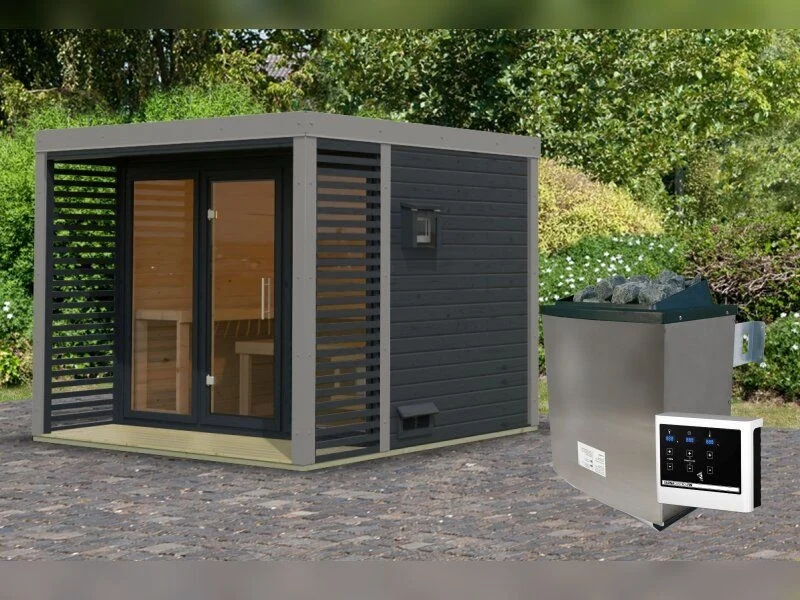 Karibu Hybrid Saunahaus Ares 3, anthrazit/graualuminium, inkl. 9 kW Bioofen ext. Steuerung