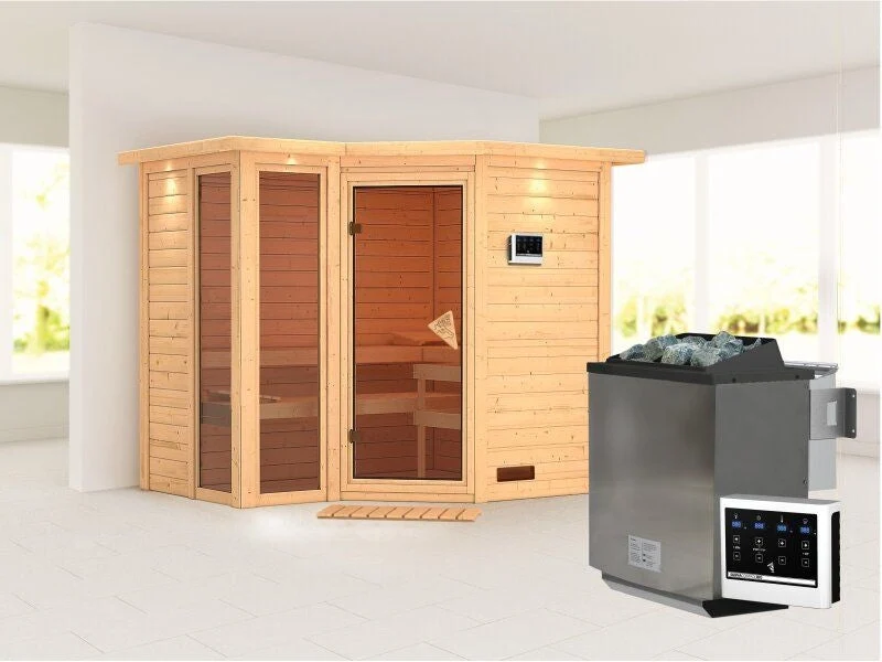 Amara - Karibu Sauna inkl. 9-kW-Bioofen - mit Dachkranz -