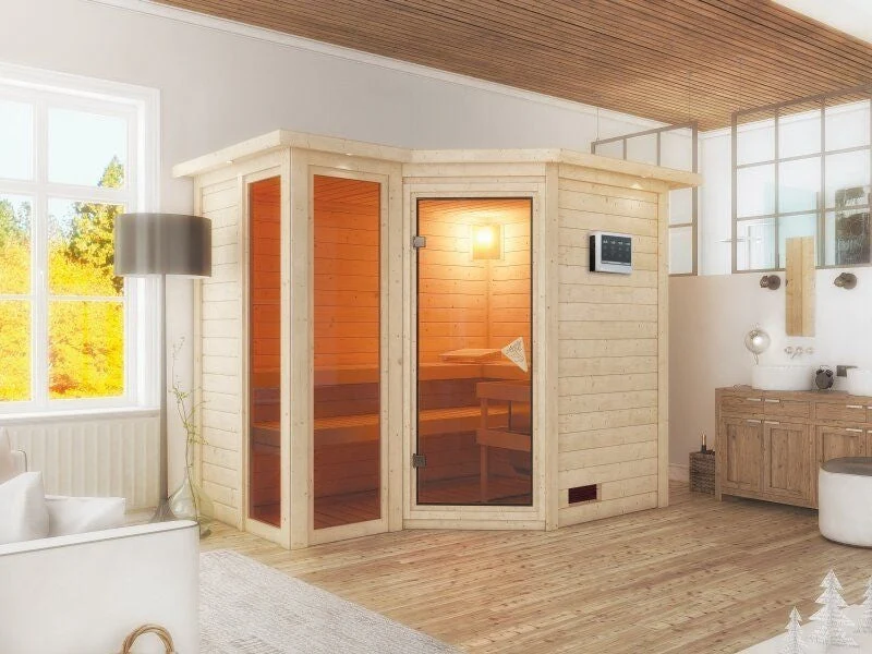 Amara - Karibu Sauna inkl. 9-kW-Bioofen - mit Dachkranz -
