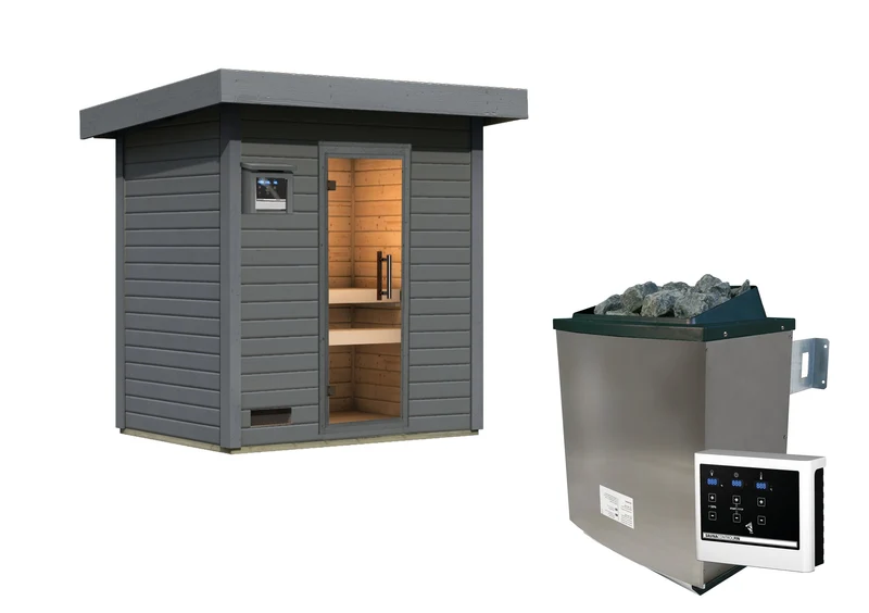 Karibu Saunahaus Caapi 2, terragrau, inkl. 9 kW Ofen finnisch ext. Steuerung, mit Klarglastür und Fußboden