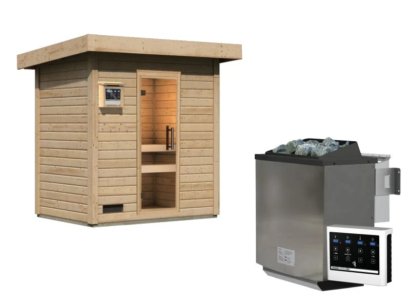 Karibu Saunahaus Caapi 2, inkl. 9 kW Bioofen ext. Steuerung, mit Klarglastür und Fußboden