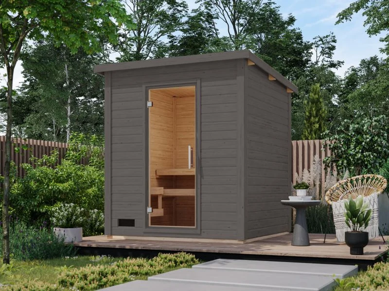 Karibu Saunahaus Caapi 3, terragrau, inkl. 9 kW Ofen integr. Steuerung - mit Klarglastür und Fußboden