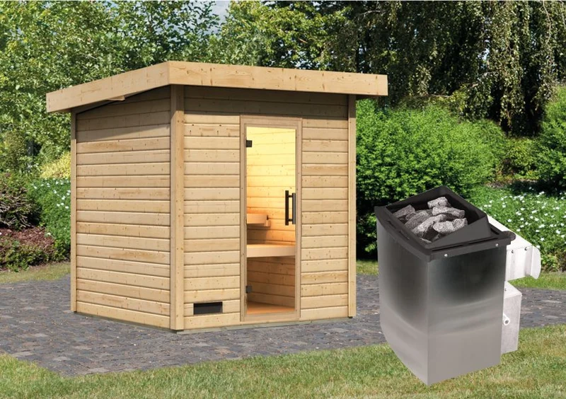 Karibu Saunahaus Caapi 3, inkl. 9 kW Ofen integr. Steuerung - mit Klarglastür und Fußboden